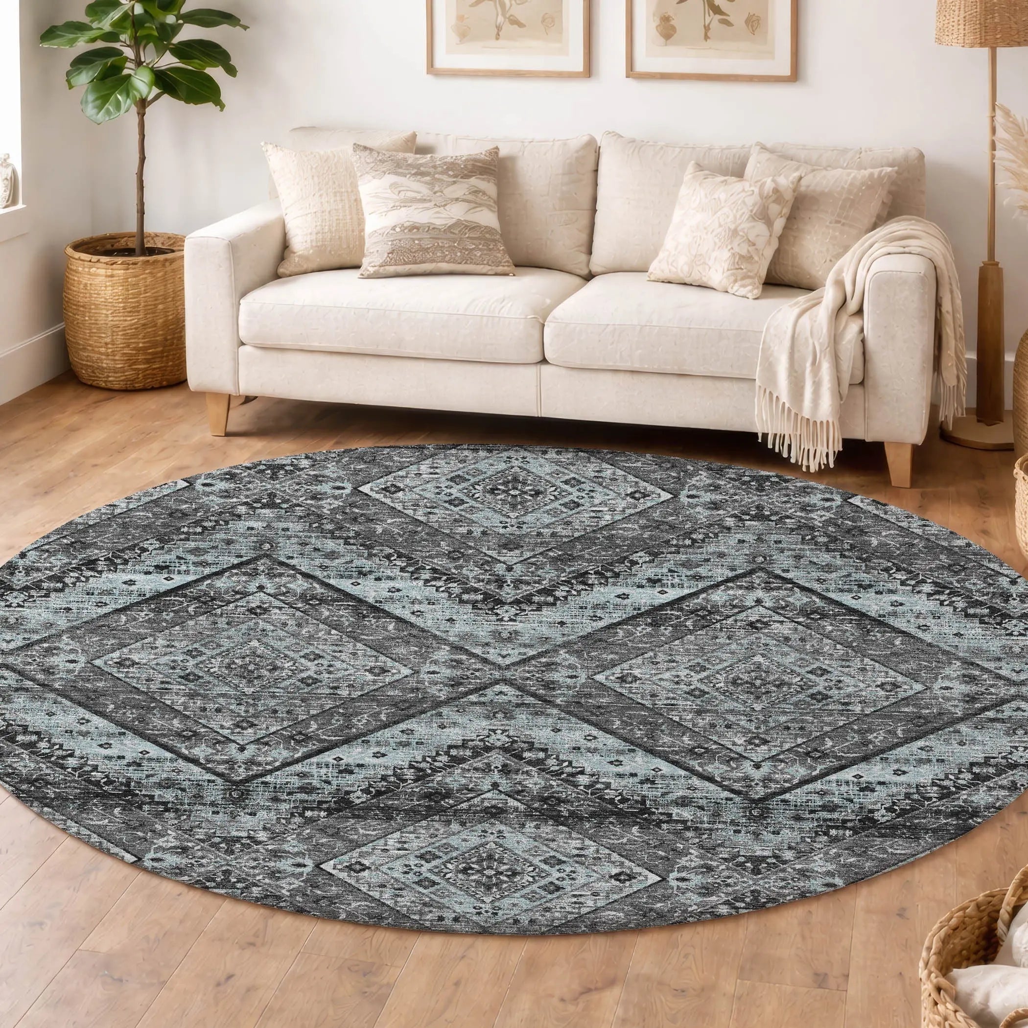 8' Gray And Brown Round Tribal Washable Indoor Outdoor Area Rug Homeroots Outdoor