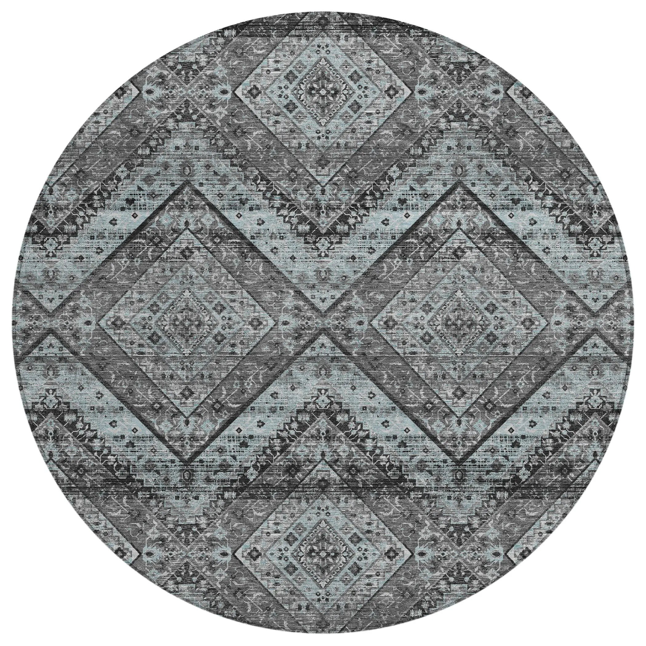8' Gray And Brown Round Tribal Washable Indoor Outdoor Area Rug Homeroots Outdoor