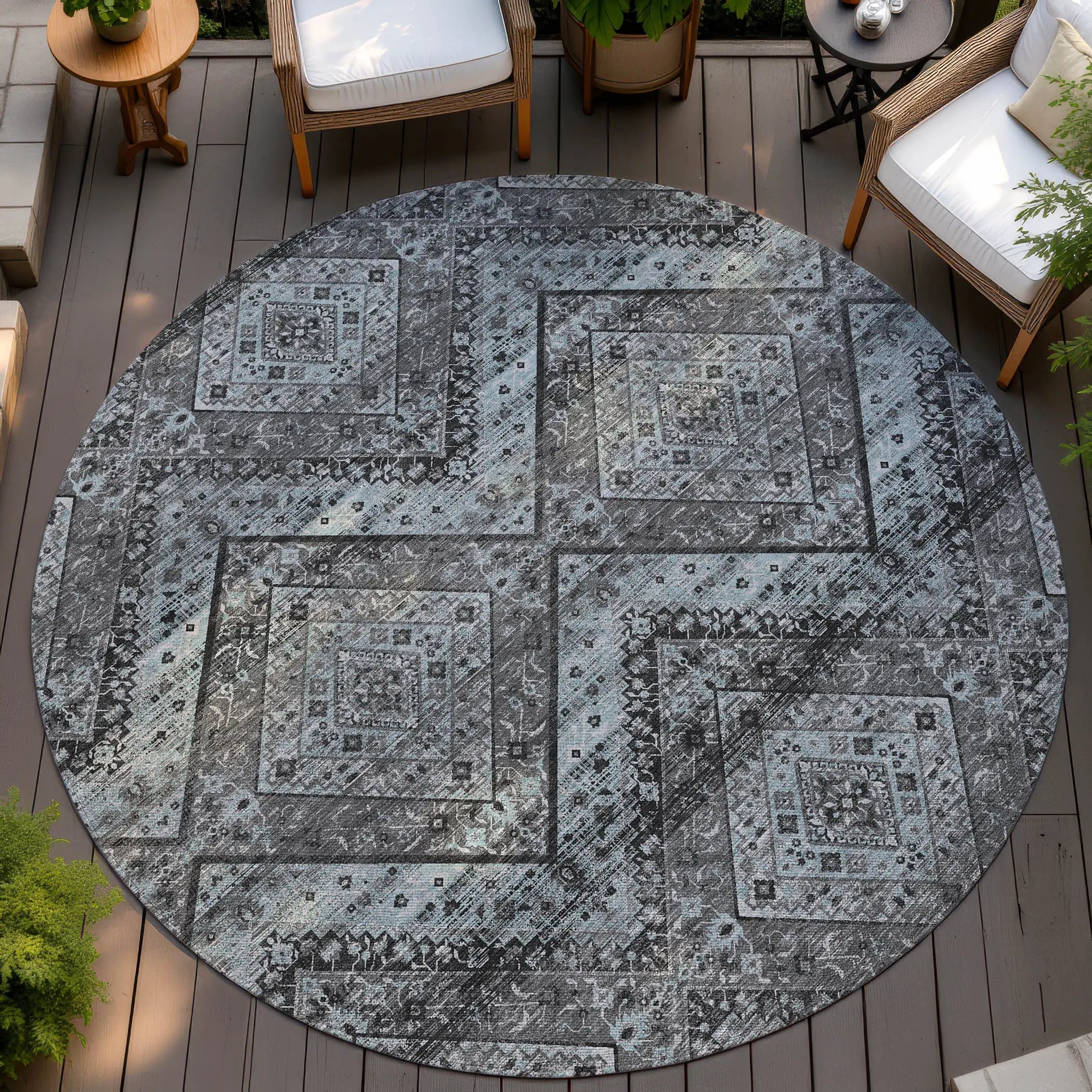 8' Gray And Brown Round Tribal Washable Indoor Outdoor Area Rug Homeroots Outdoor