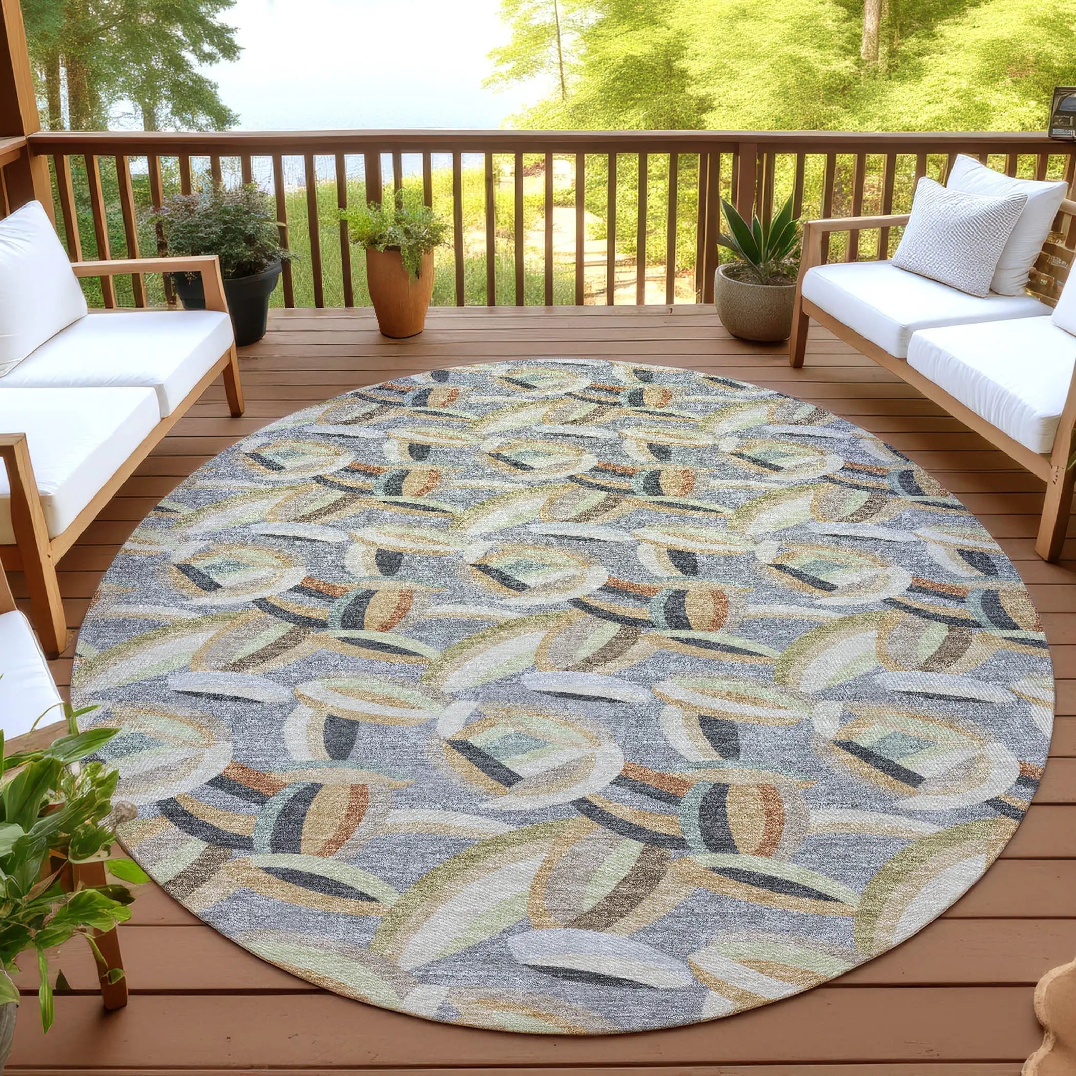 8' Gray And Charcoal Round Abstract Washable Indoor Outdoor Area Rug Homeroots Outdoor