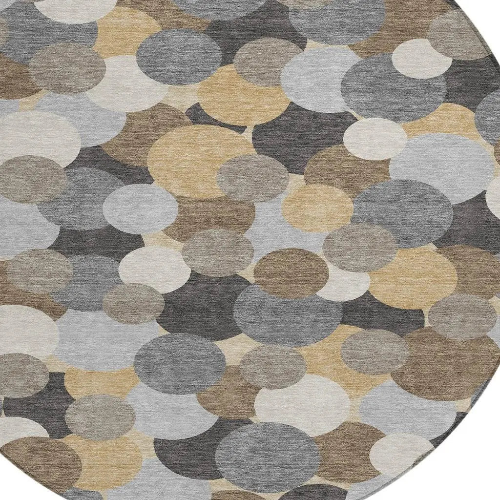 8' Gray And Chocolate Round Geometric Washable Indoor Outdoor Area Rug Homeroots Outdoor