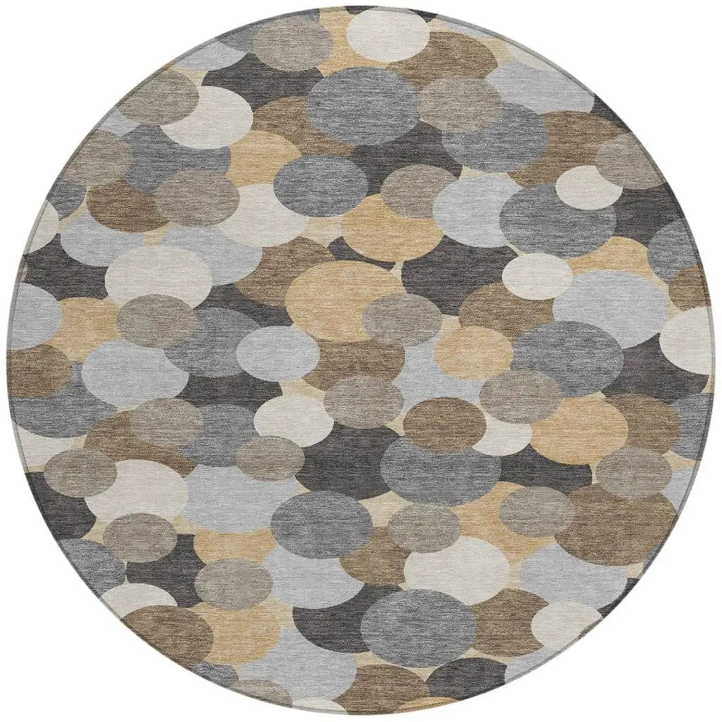 8' Gray And Chocolate Round Geometric Washable Indoor Outdoor Area Rug Homeroots Outdoor
