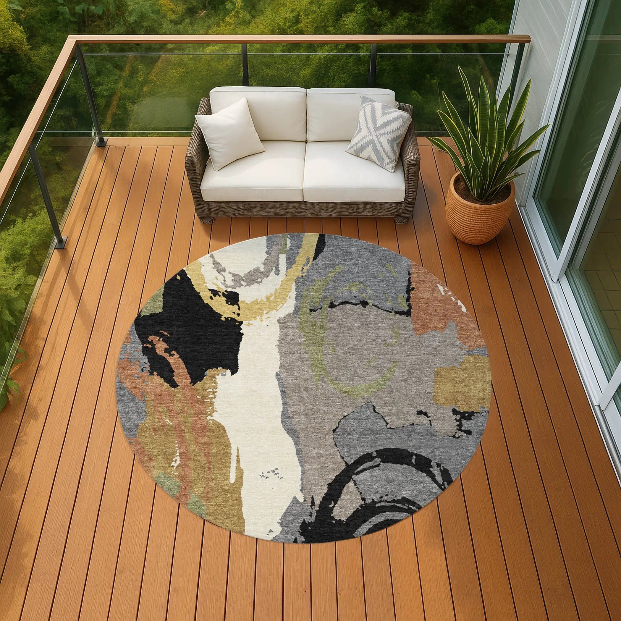 8' Gray And Copper Round Abstract Washable Indoor Outdoor Area Rug Homeroots Outdoor