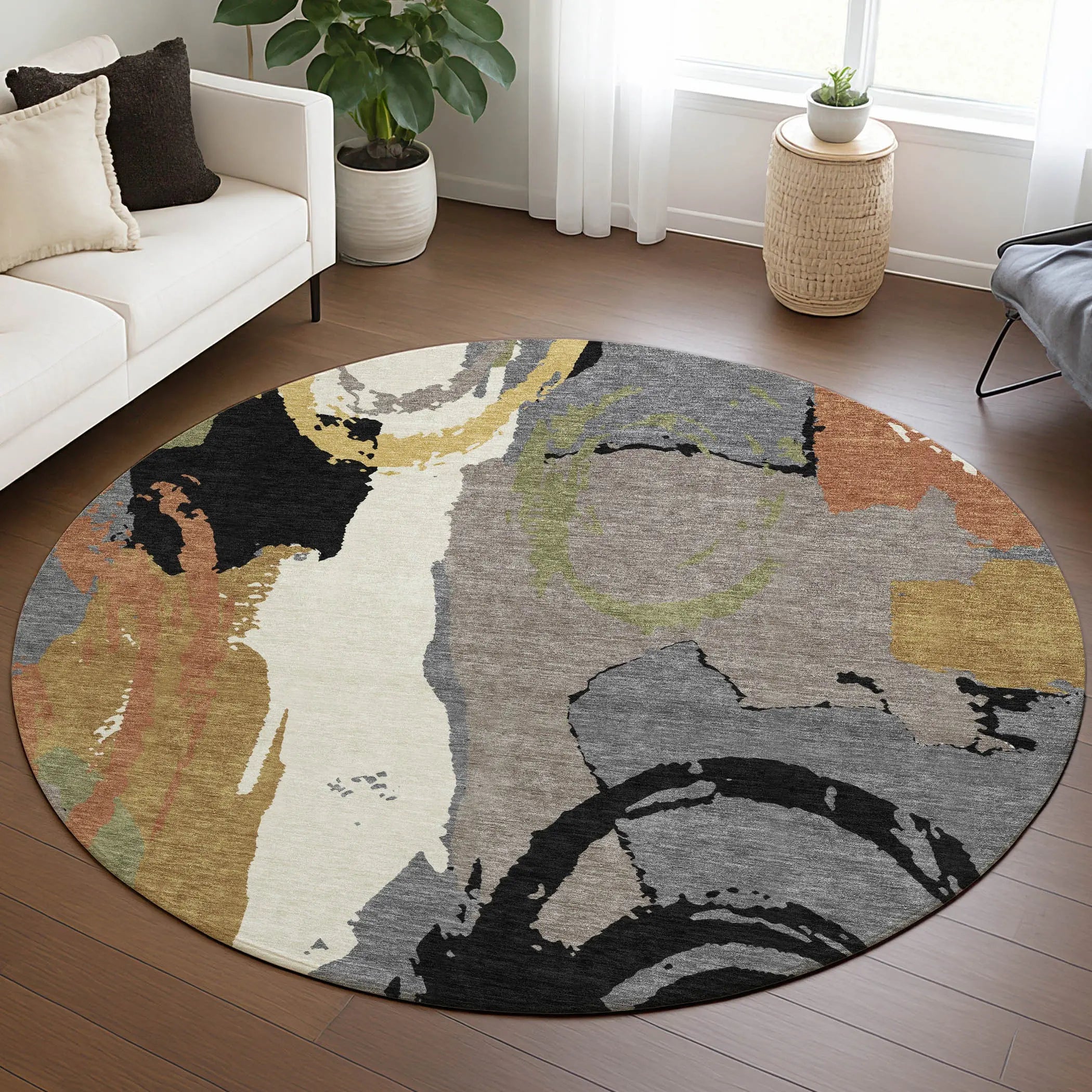 8' Gray And Copper Round Abstract Washable Indoor Outdoor Area Rug Homeroots Outdoor