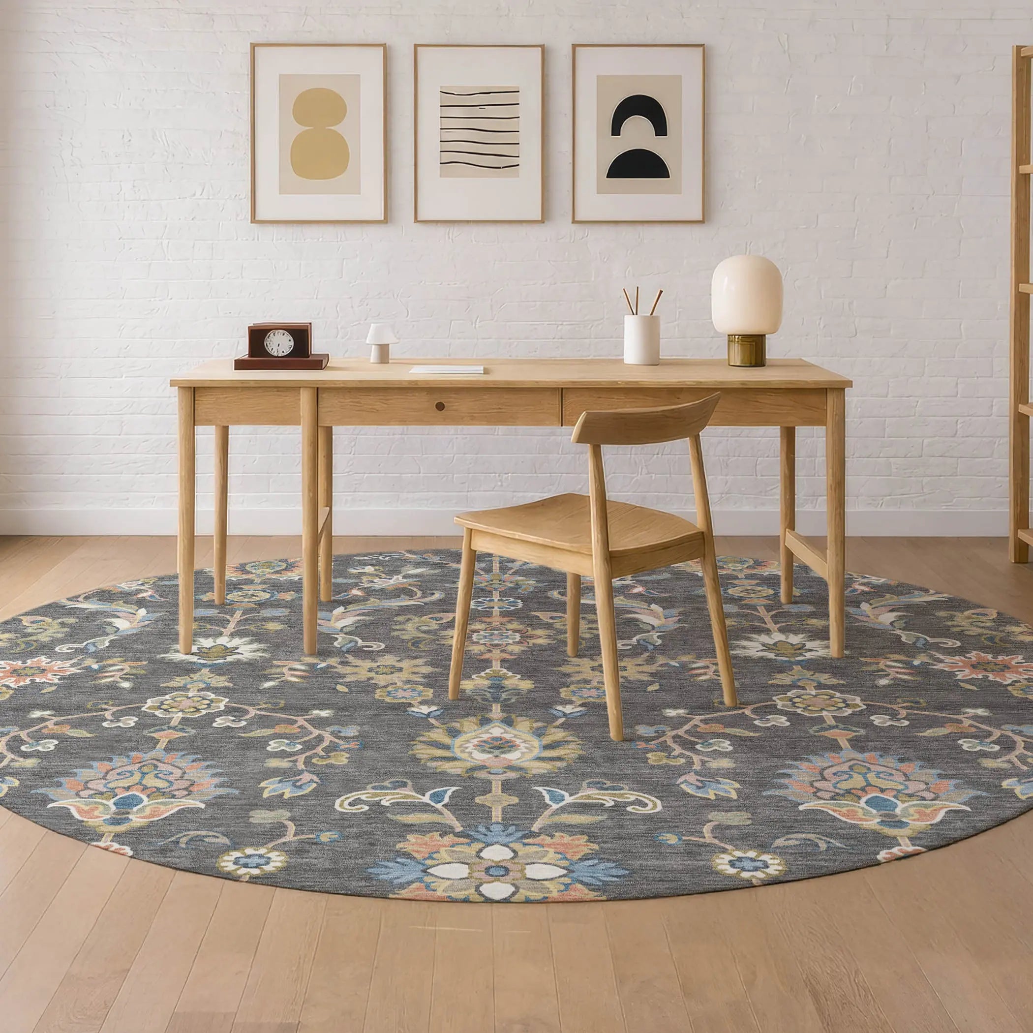 8' Gray And Denim Blue Round Abstract Washable Indoor Outdoor Area Rug Homeroots Outdoor