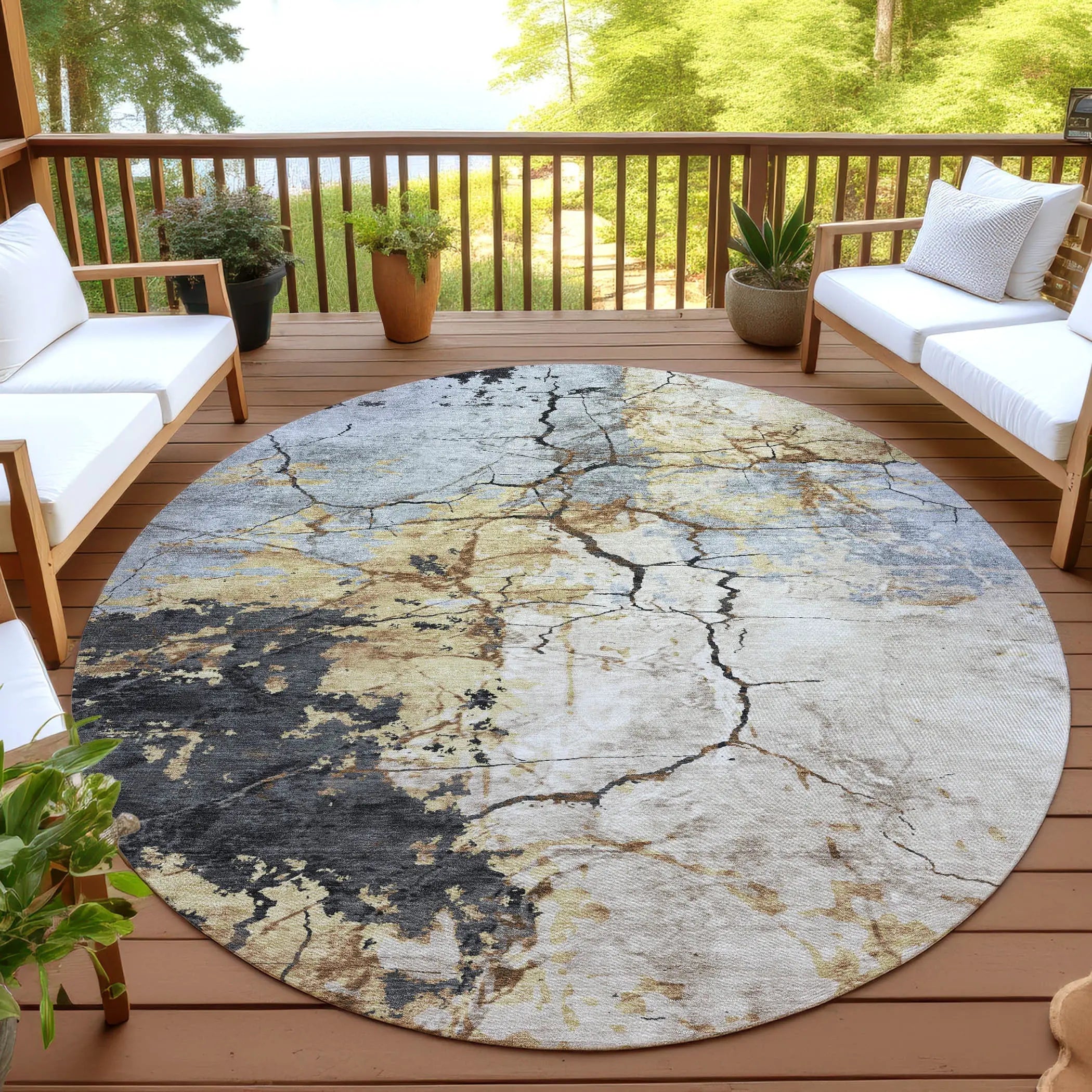 8' Gray And Gold Round Abstract Washable Indoor Outdoor Area Rug Homeroots Outdoor