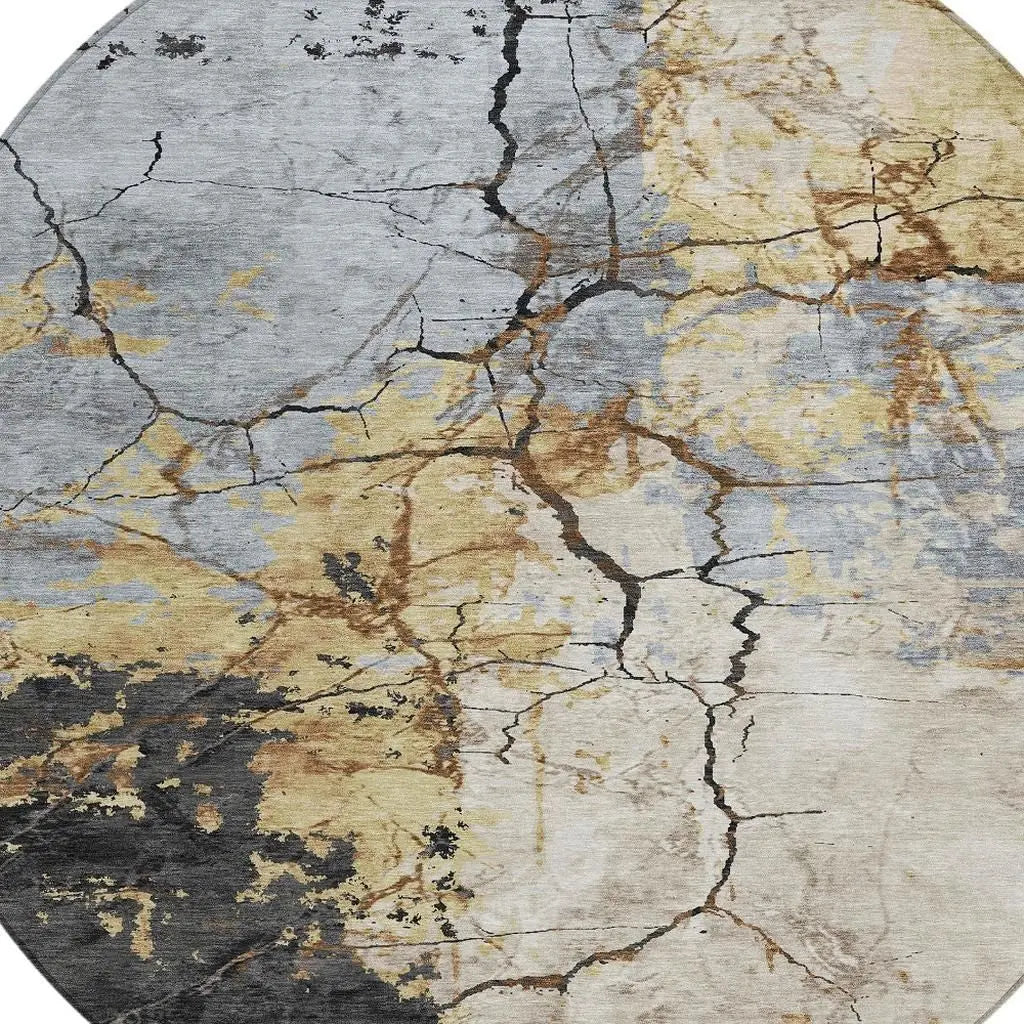 8' Gray And Gold Round Abstract Washable Indoor Outdoor Area Rug Homeroots Outdoor