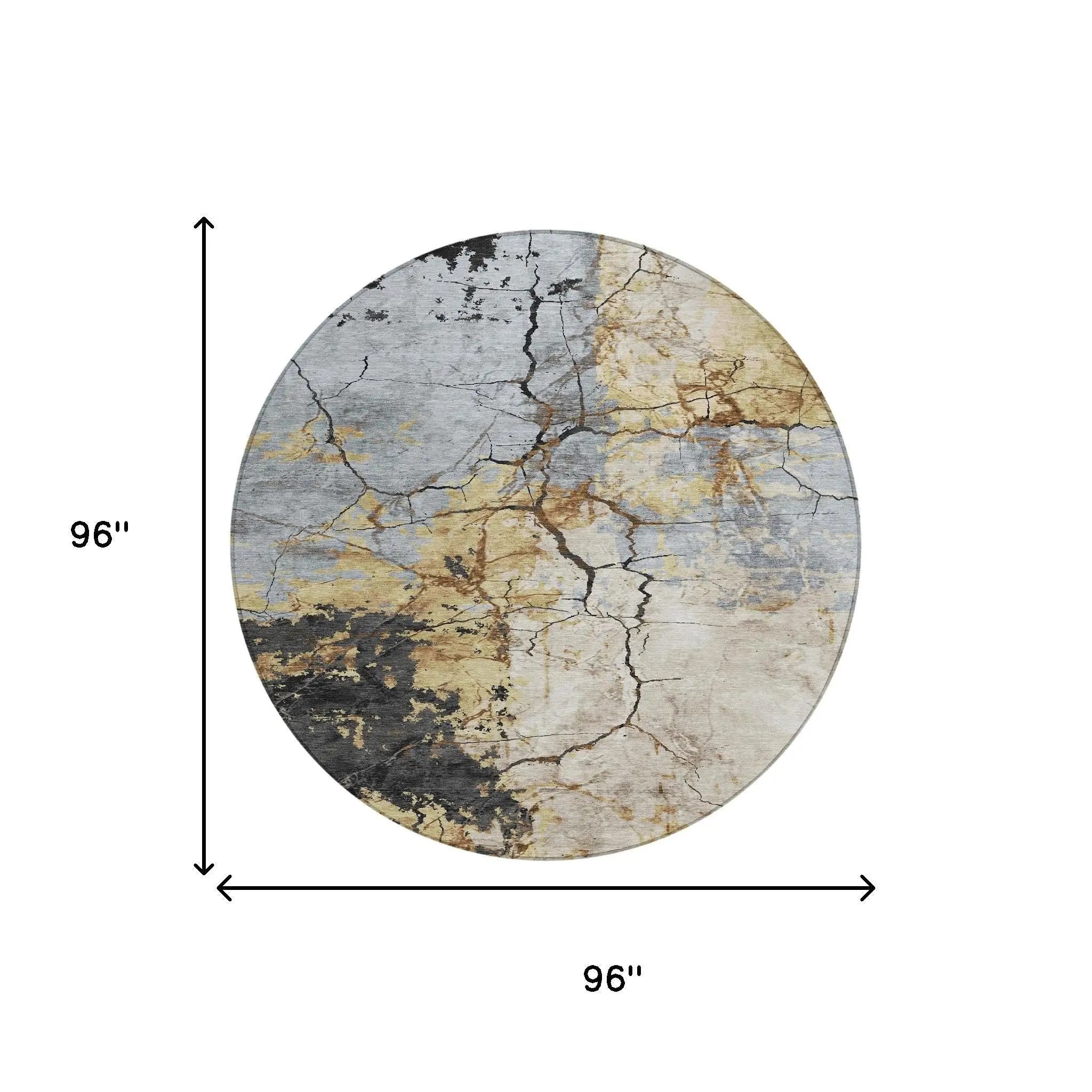 8' Gray And Gold Round Abstract Washable Indoor Outdoor Area Rug Homeroots Outdoor