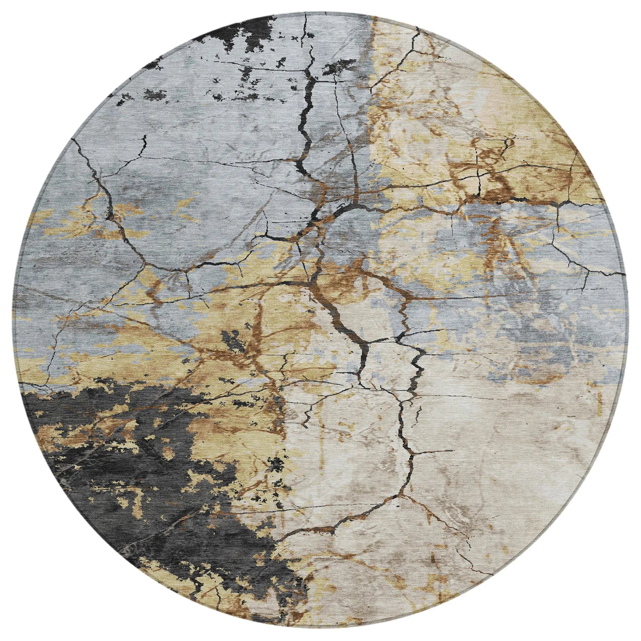 8' Gray And Gold Round Abstract Washable Indoor Outdoor Area Rug Homeroots Outdoor