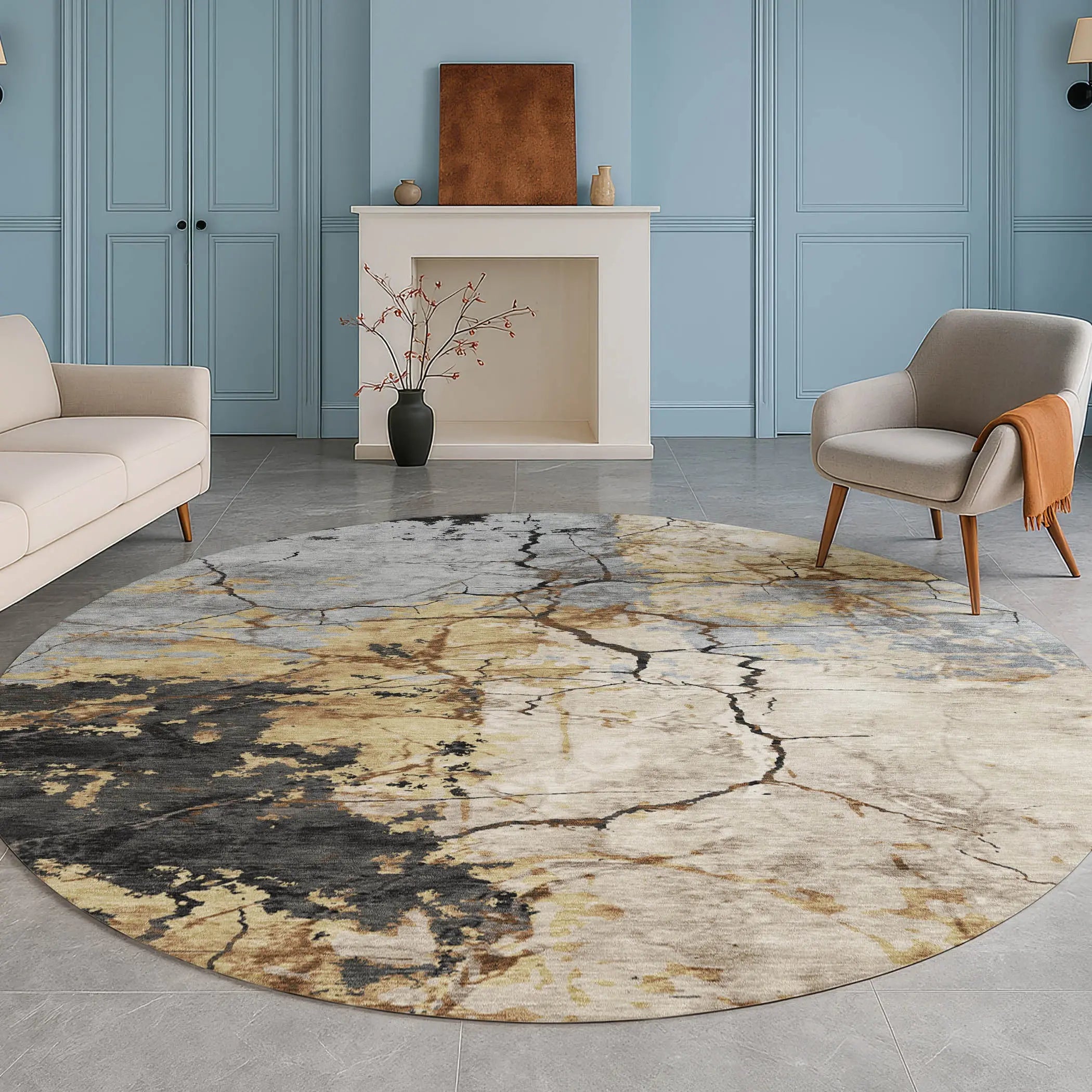 8' Gray And Gold Round Abstract Washable Indoor Outdoor Area Rug Homeroots Outdoor