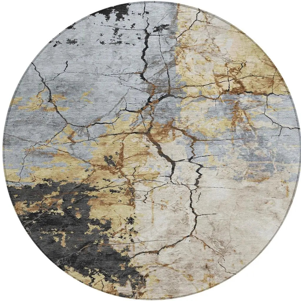 8' Gray And Gold Round Abstract Washable Indoor Outdoor Area Rug Homeroots Outdoor