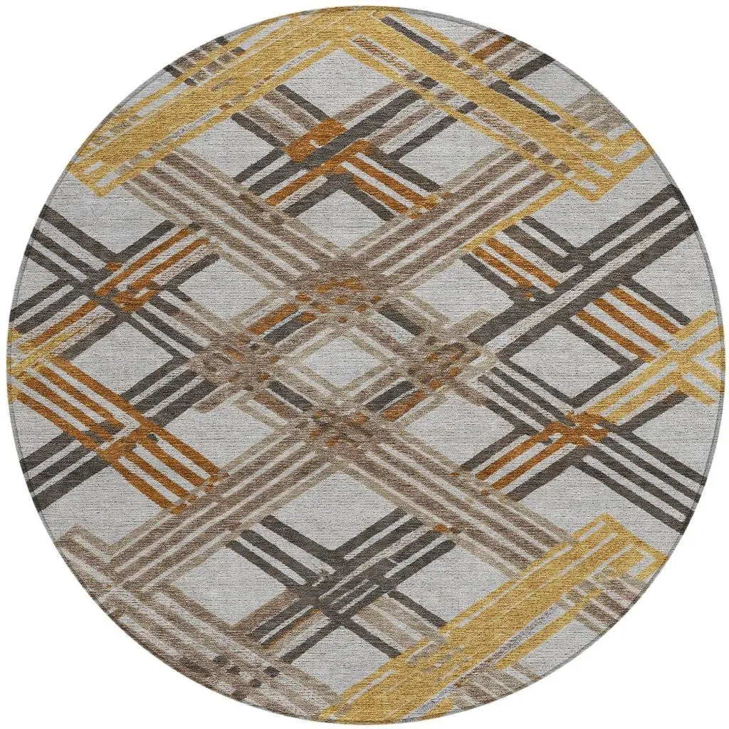 8' Gray And Gold Round Geometric Washable Indoor Outdoor Area Rug Homeroots Outdoor