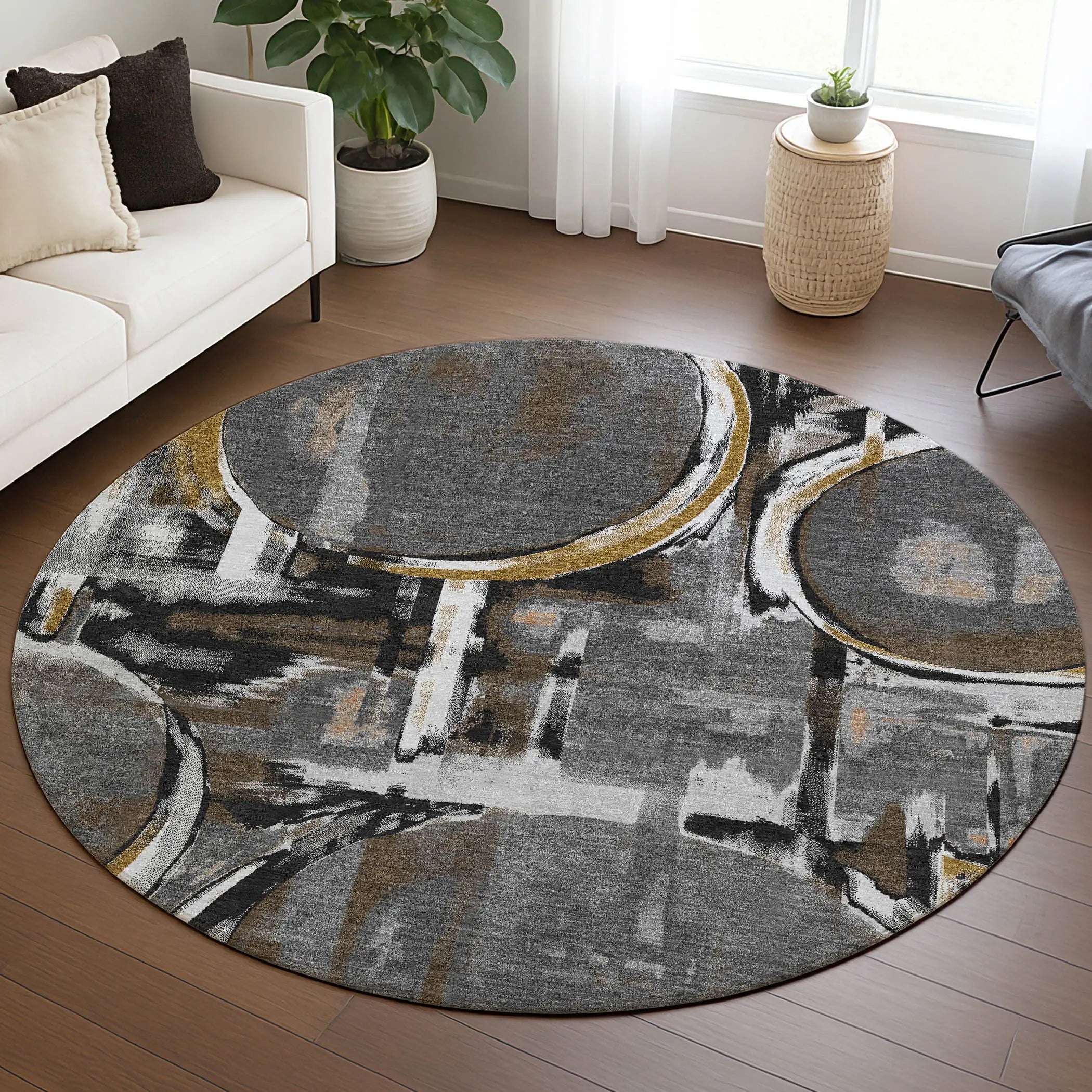 8' Gray And Graphite Round Abstract Washable Indoor Outdoor Area Rug Homeroots Outdoor