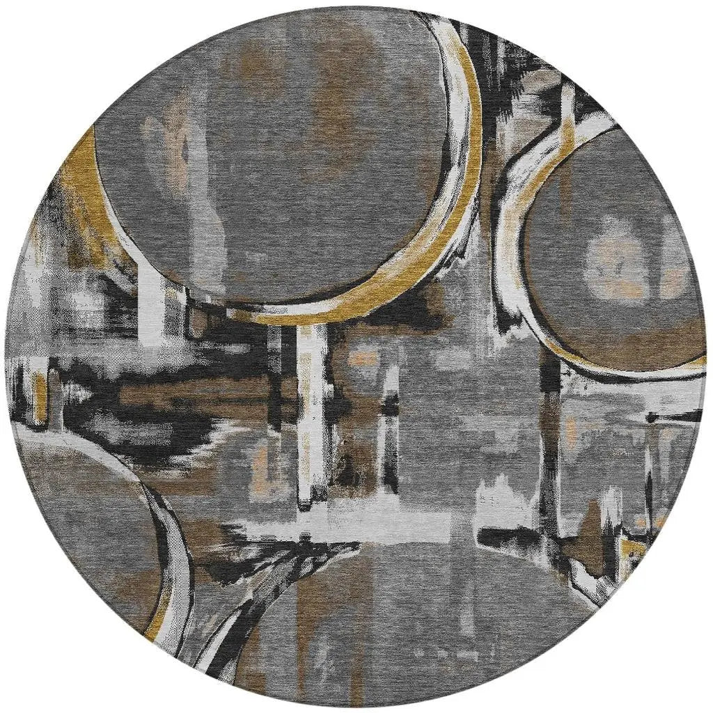 8' Gray And Graphite Round Abstract Washable Indoor Outdoor Area Rug Homeroots Outdoor