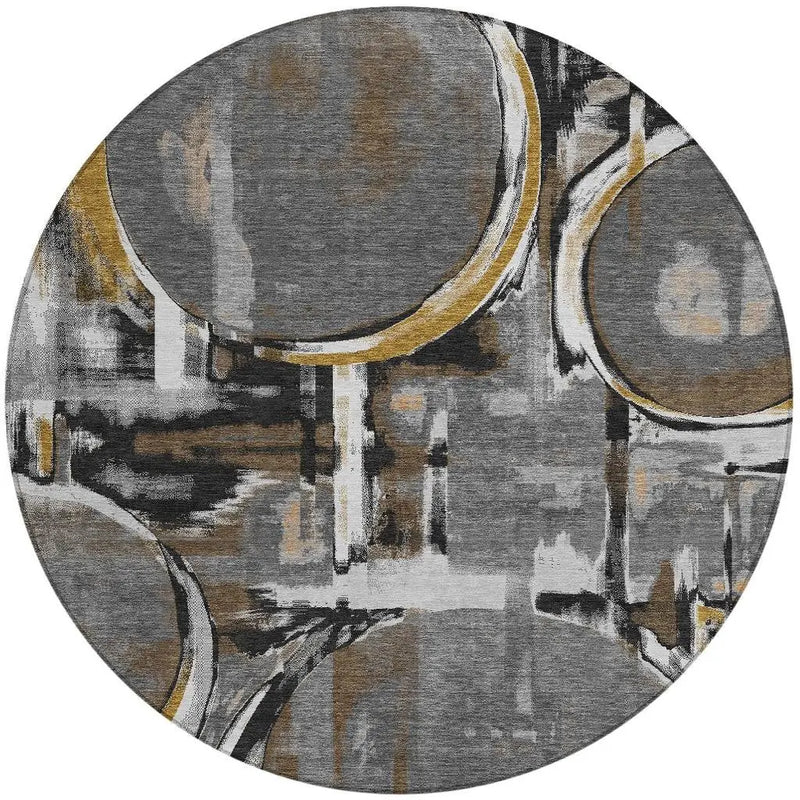 8' Gray And Graphite Round Abstract Washable Indoor Outdoor Area Rug Homeroots Outdoor