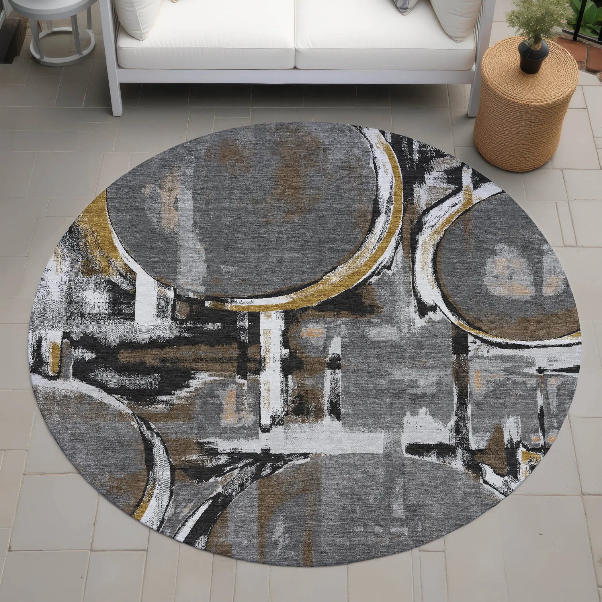 8' Gray And Graphite Round Abstract Washable Indoor Outdoor Area Rug Homeroots Outdoor