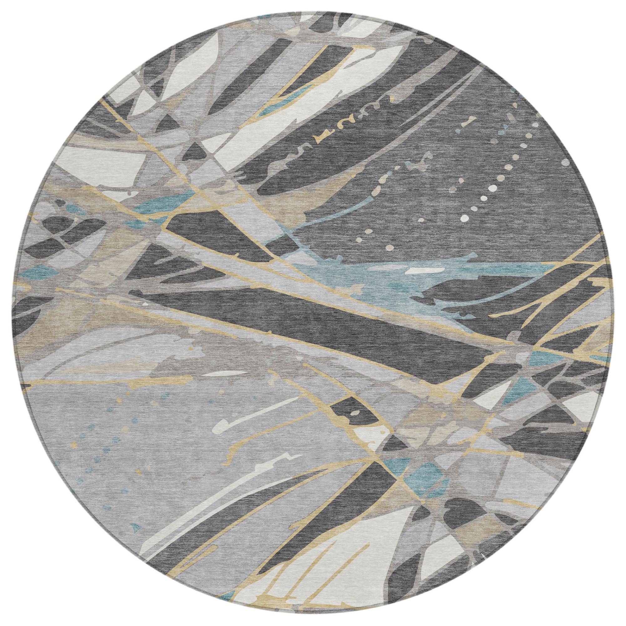8' Gray And Graphite Round Abstract Washable Indoor Outdoor Area Rug Homeroots Outdoor