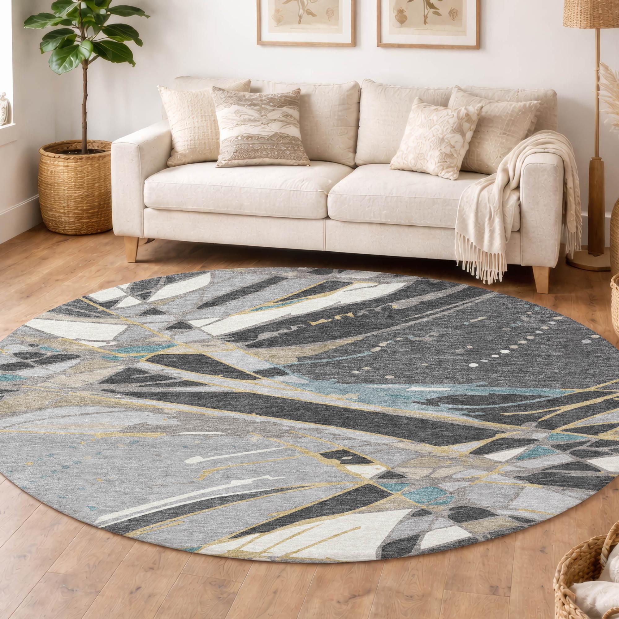 8' Gray And Graphite Round Abstract Washable Indoor Outdoor Area Rug Homeroots Outdoor
