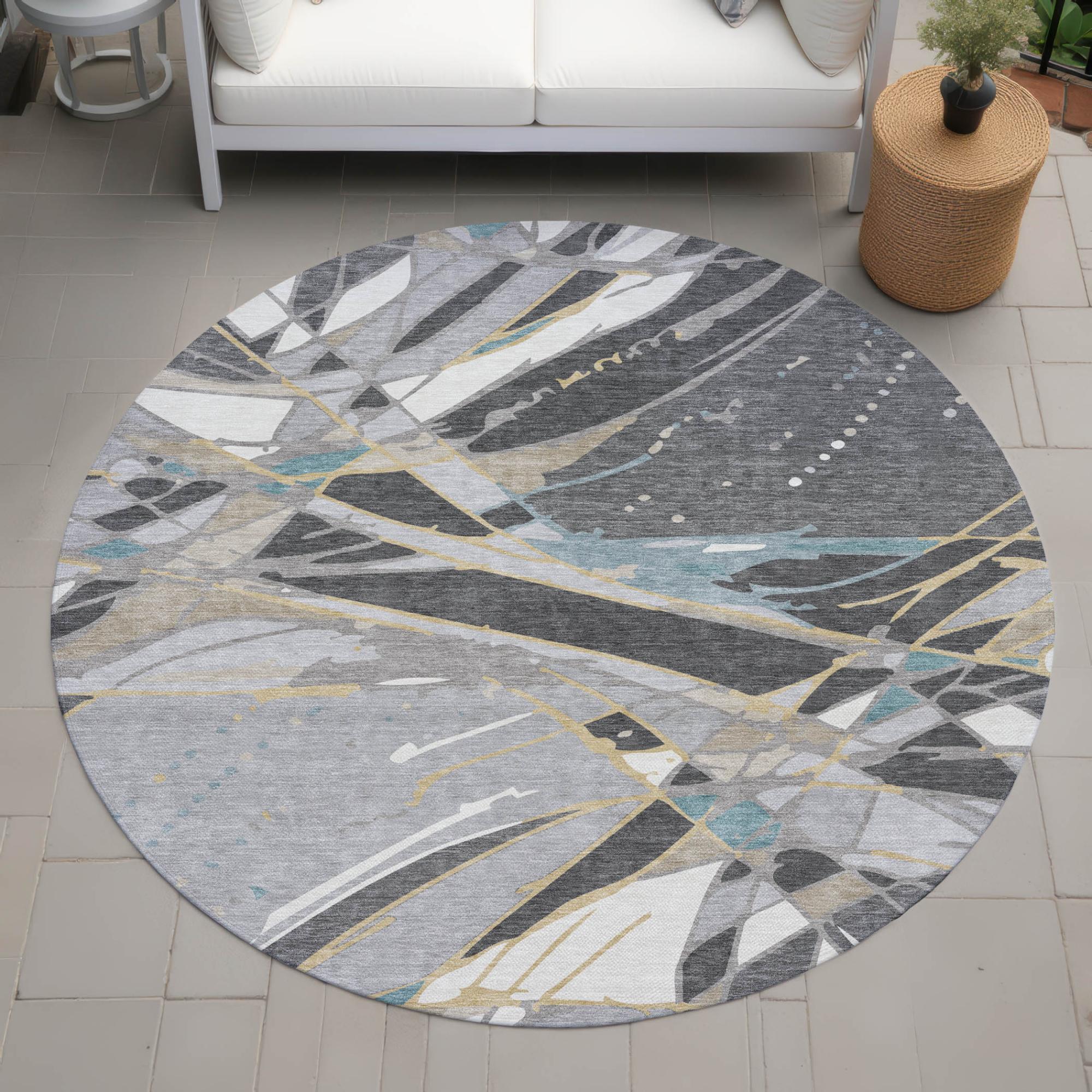 8' Gray And Graphite Round Abstract Washable Indoor Outdoor Area Rug Homeroots Outdoor