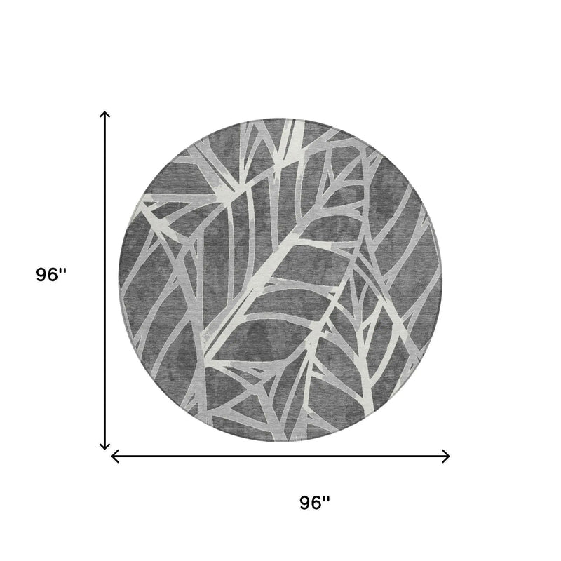 8' Gray And Graphite Round Floral Washable Indoor Outdoor Area Rug Homeroots Outdoor