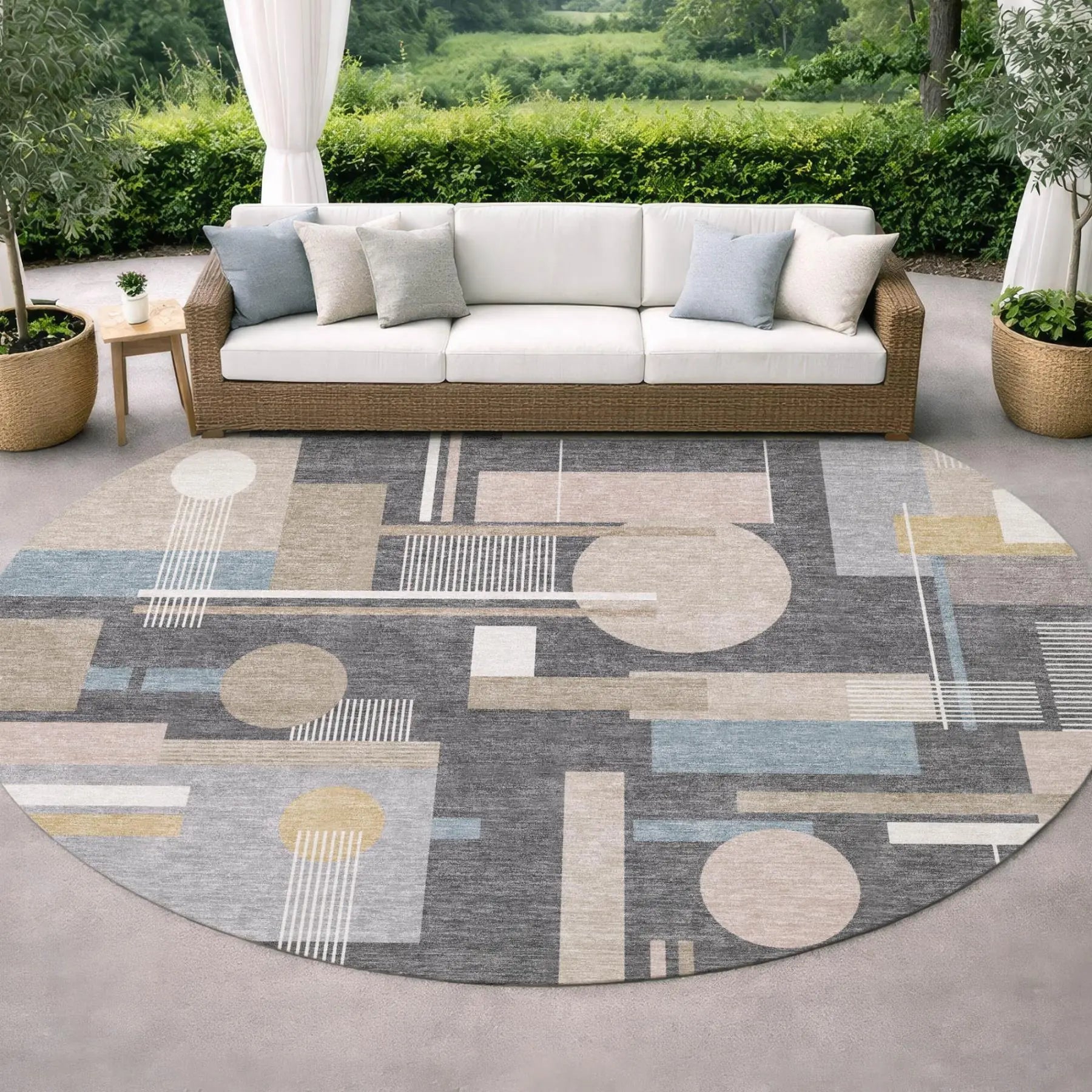 8' Gray And Graphite Round Geometric Washable Indoor Outdoor Area Rug Homeroots Outdoor