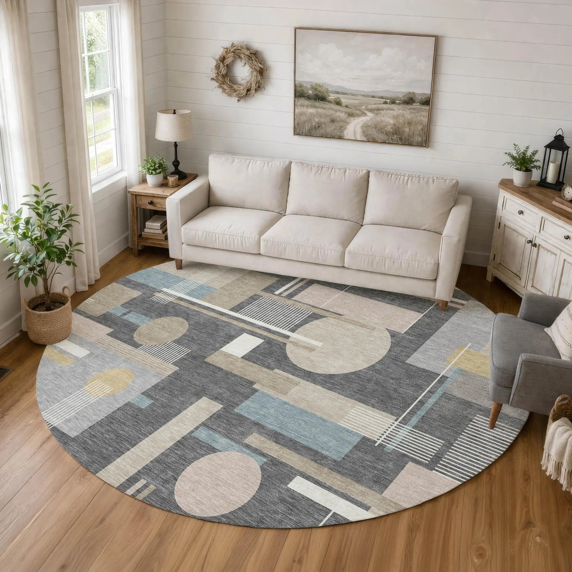 8' Gray And Graphite Round Geometric Washable Indoor Outdoor Area Rug Homeroots Outdoor