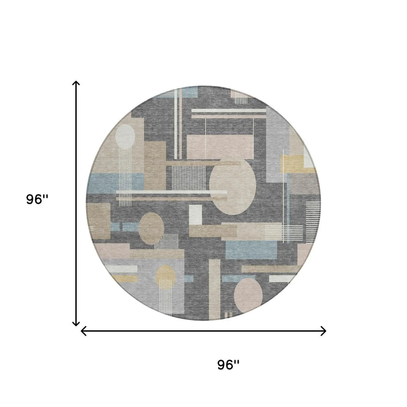 8' Gray And Graphite Round Geometric Washable Indoor Outdoor Area Rug Homeroots Outdoor