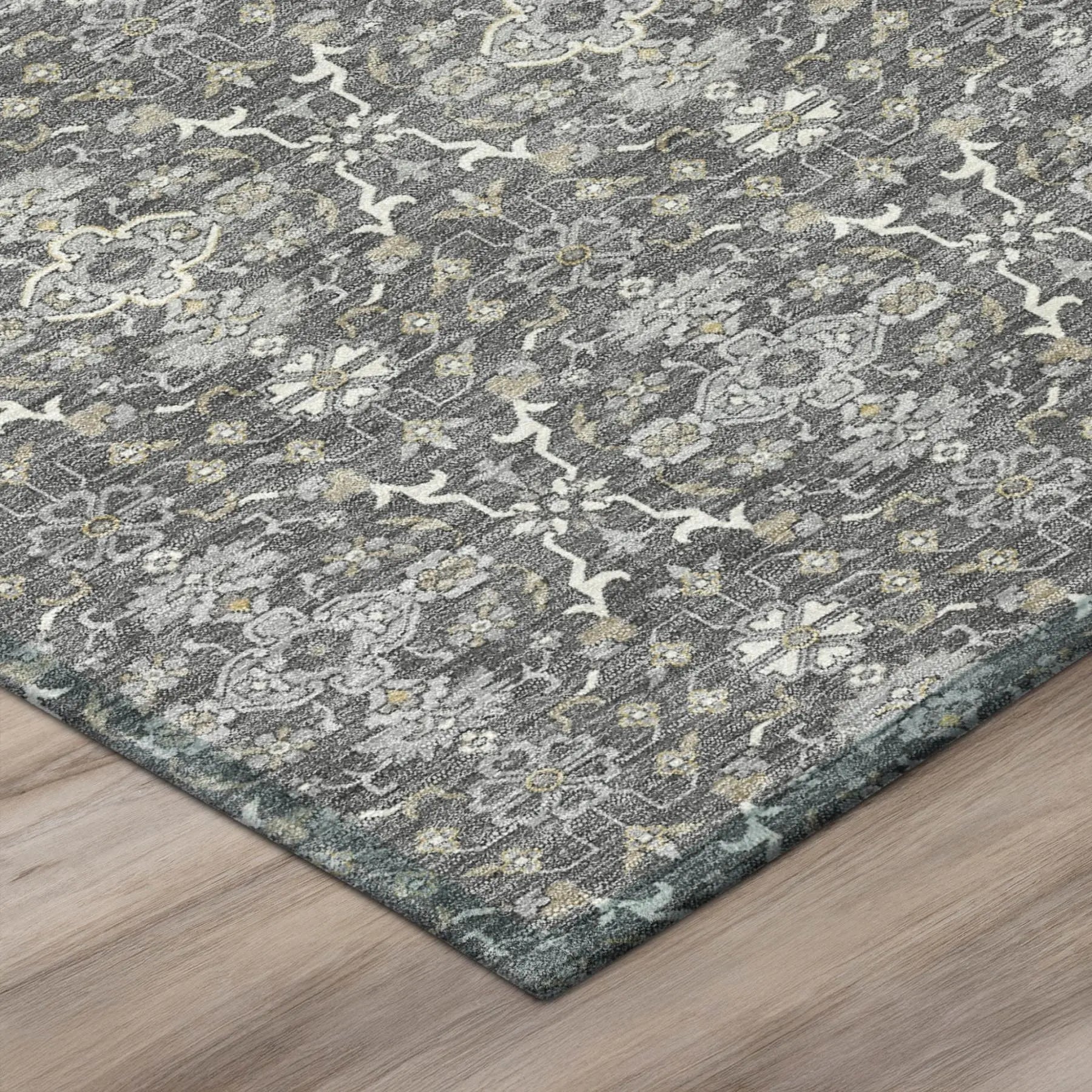 8' Gray And Graphite Round Oriental Washable Indoor Outdoor Area Rug Homeroots Outdoor