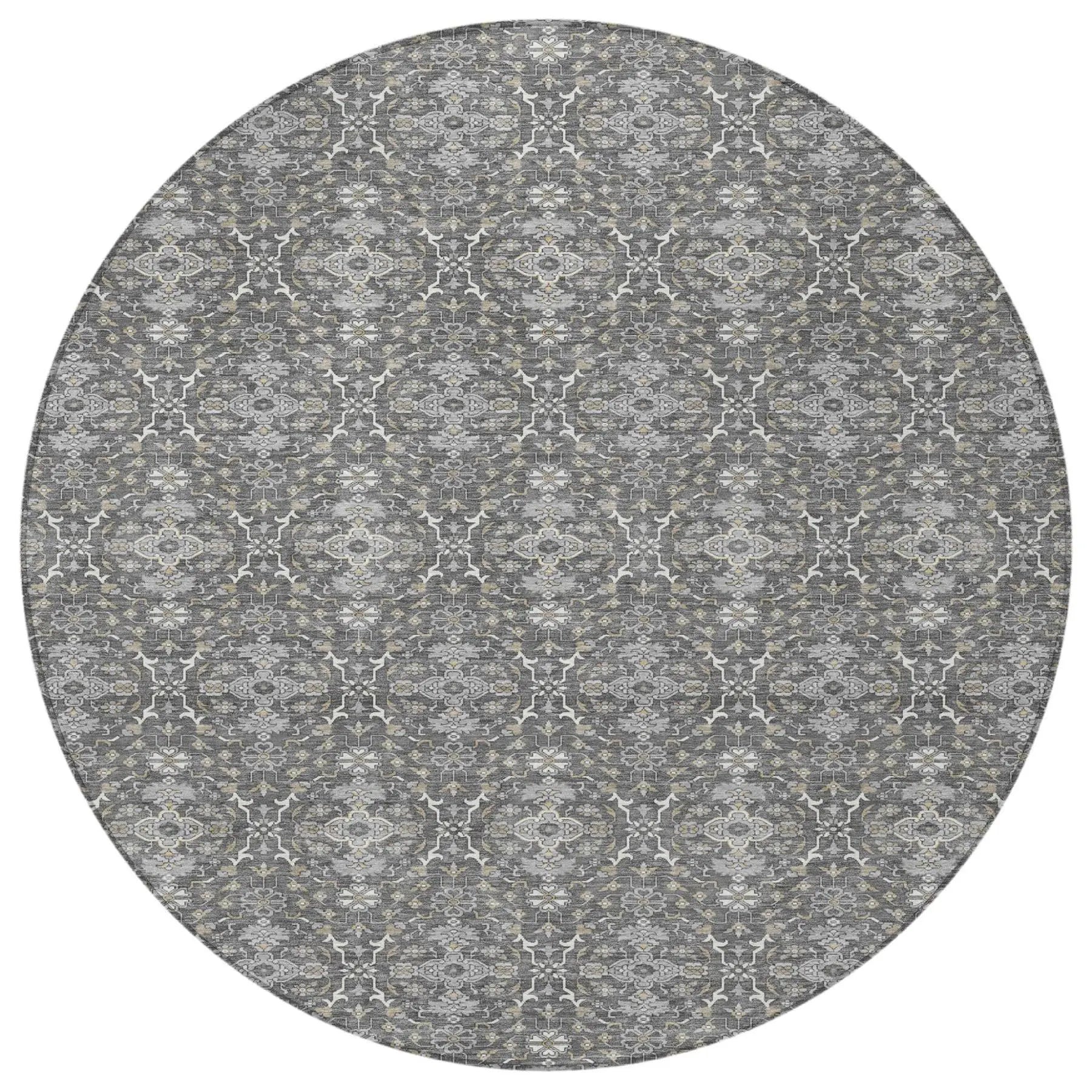 8' Gray And Graphite Round Oriental Washable Indoor Outdoor Area Rug Homeroots Outdoor