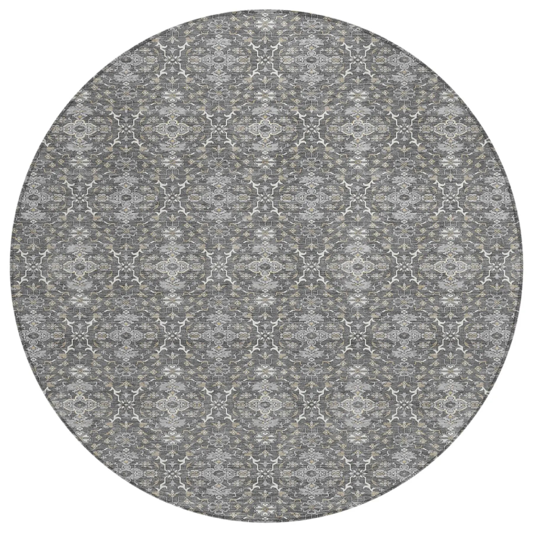 8' Gray And Graphite Round Oriental Washable Indoor Outdoor Area Rug Homeroots Outdoor
