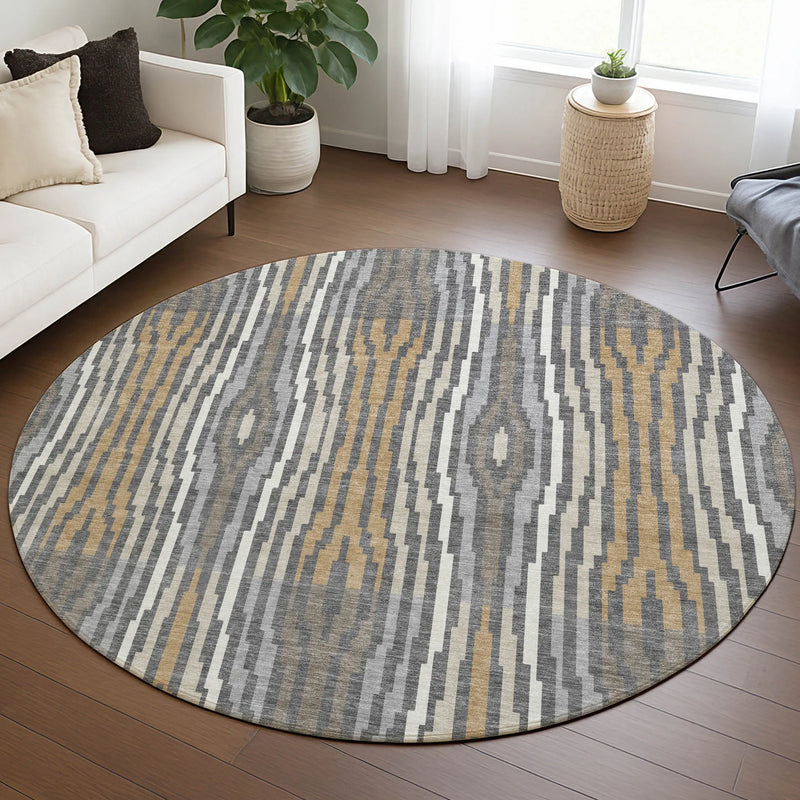 8' Gray And Ivory Round Abstract Washable Indoor Outdoor Area Rug Homeroots Outdoor