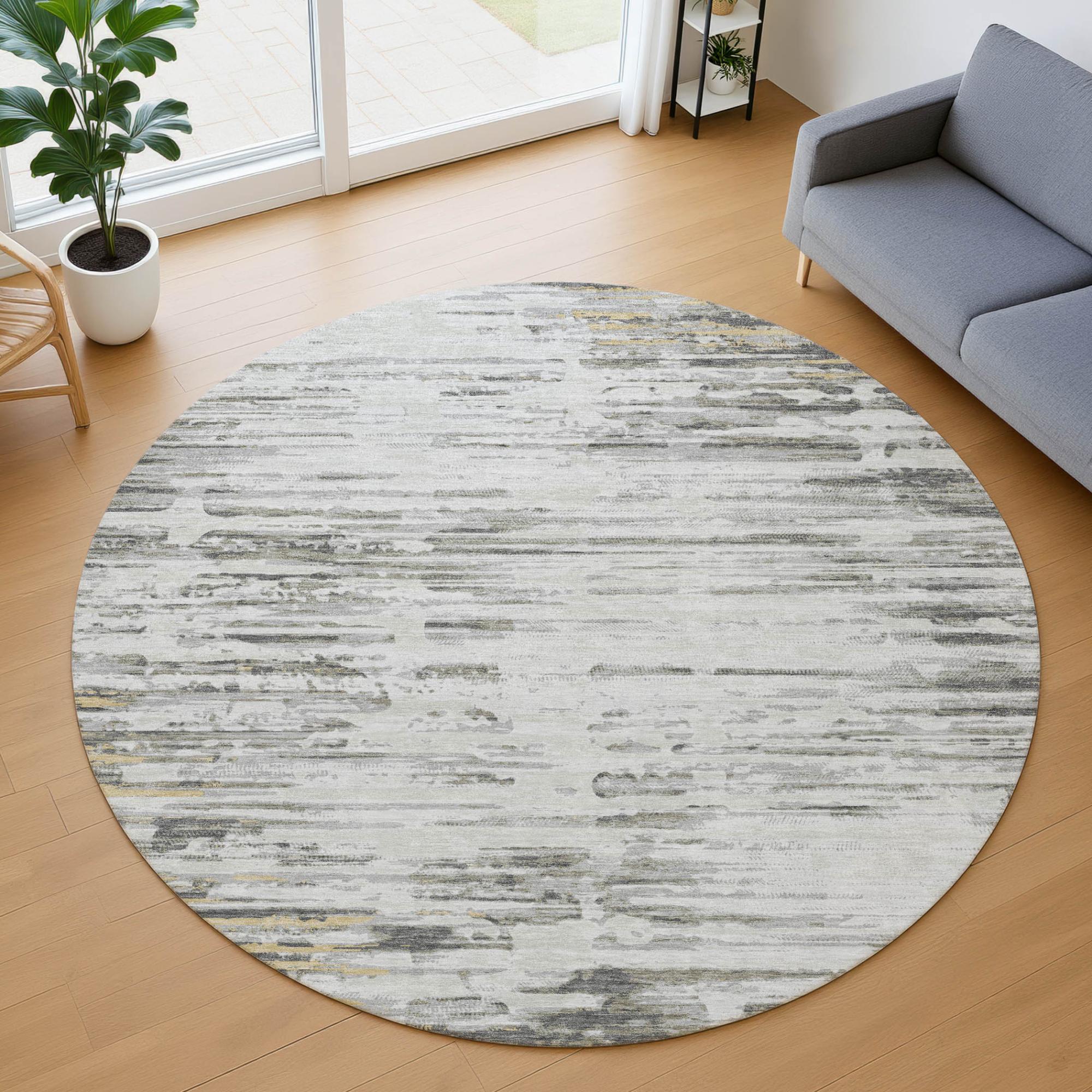 8' Gray And Ivory Round Abstract Washable Indoor Outdoor Area Rug Homeroots Outdoor