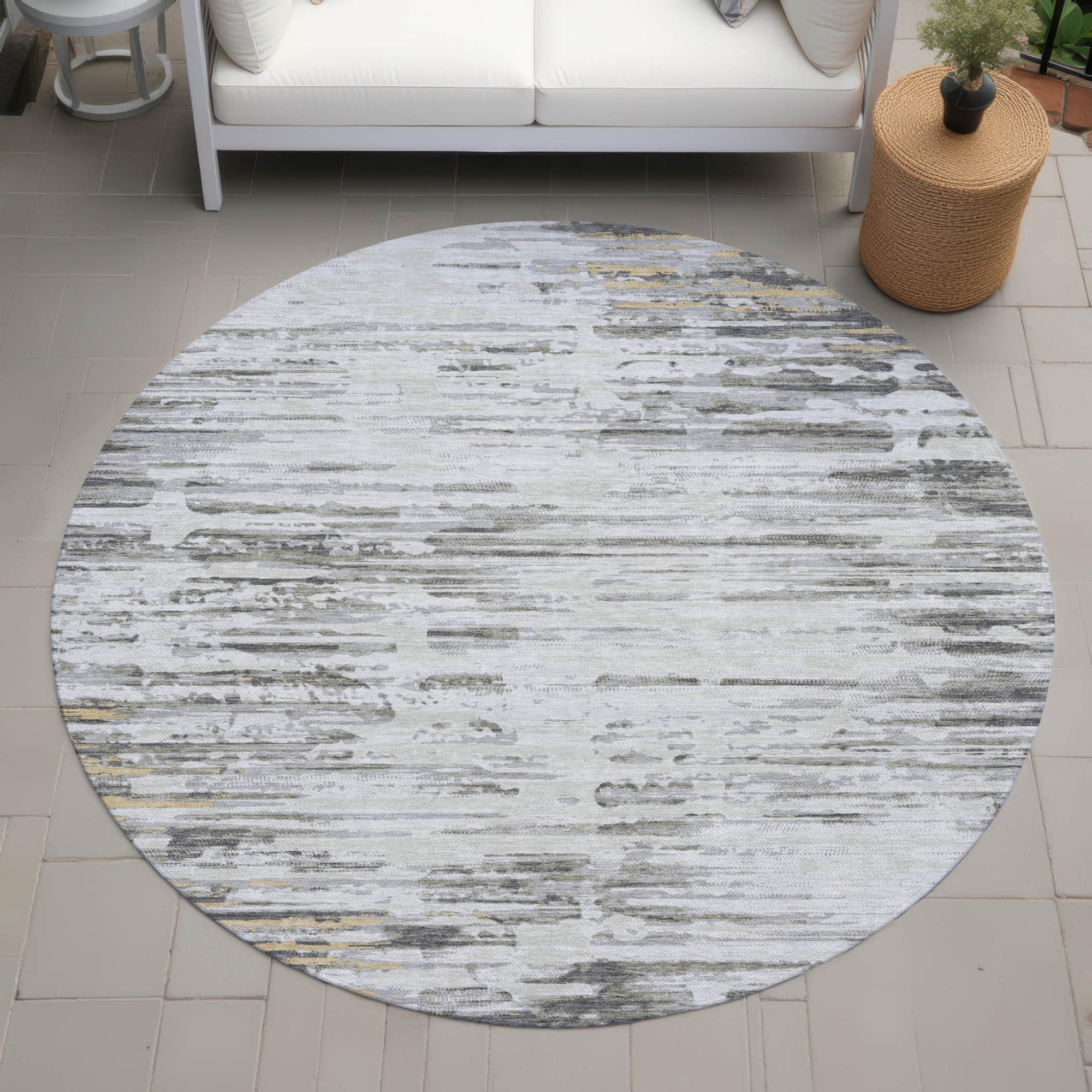 8' Gray And Ivory Round Abstract Washable Indoor Outdoor Area Rug Homeroots Outdoor