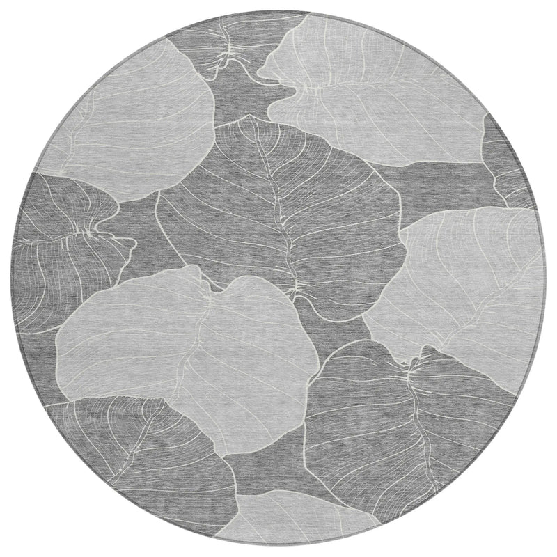 8' Gray And Ivory Round Floral Washable Indoor Outdoor Area Rug Homeroots Outdoor