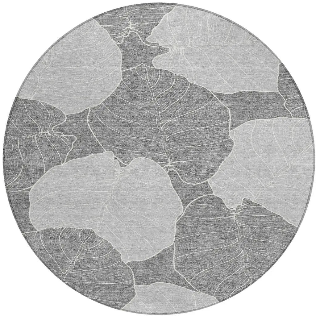 8' Gray And Ivory Round Floral Washable Indoor Outdoor Area Rug Homeroots Outdoor