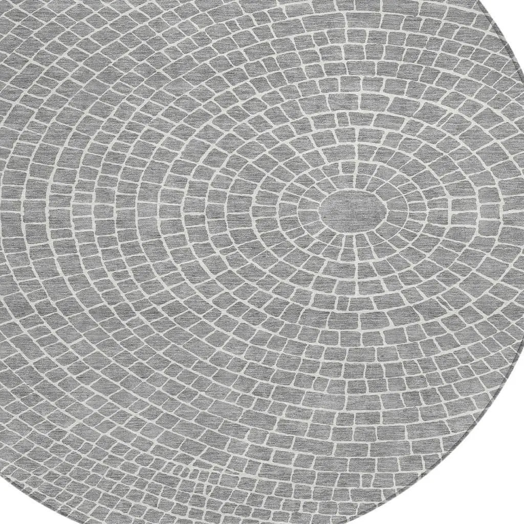 8' Gray And Ivory Round Geometric Washable Indoor Outdoor Area Rug Homeroots Outdoor