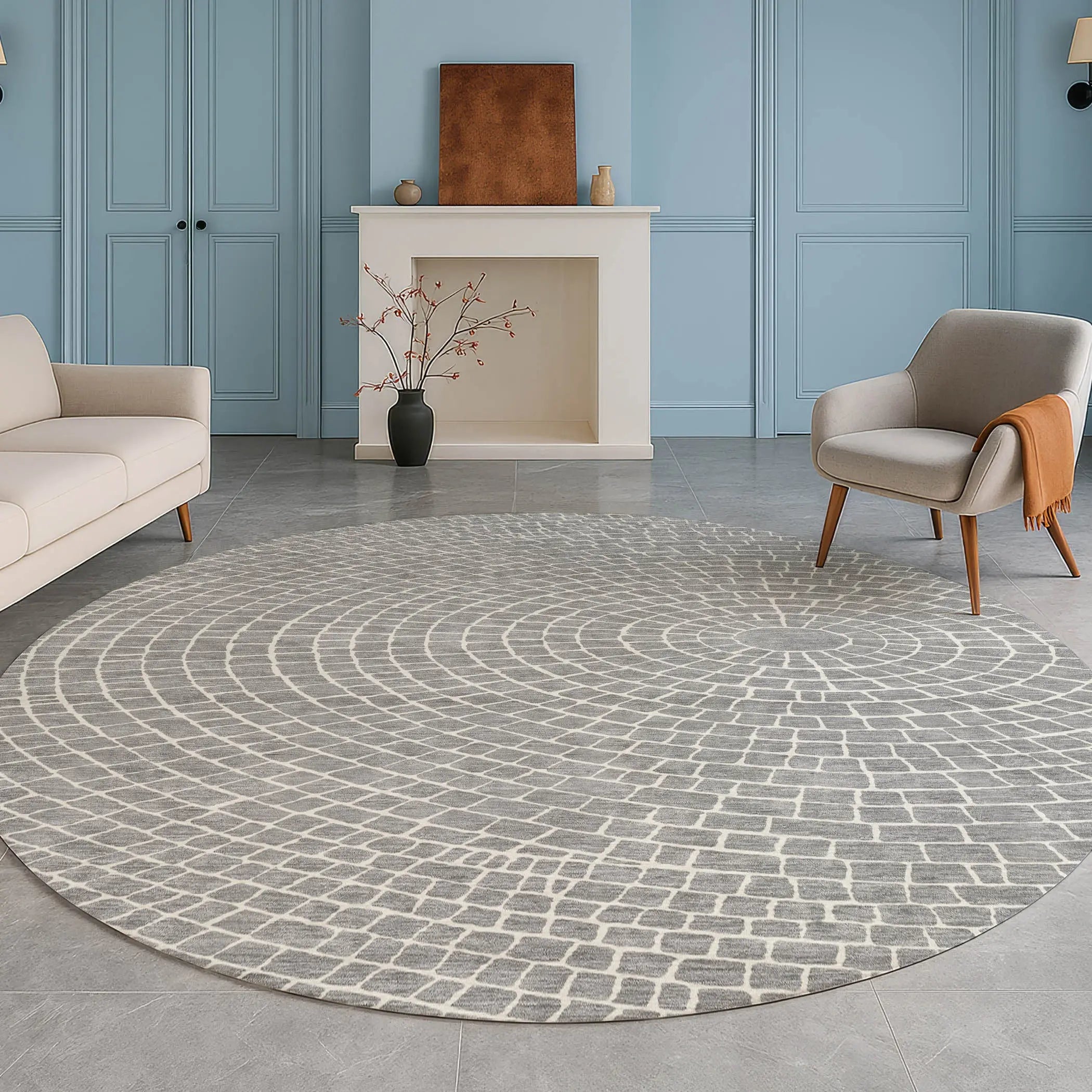 8' Gray And Ivory Round Geometric Washable Indoor Outdoor Area Rug Homeroots Outdoor