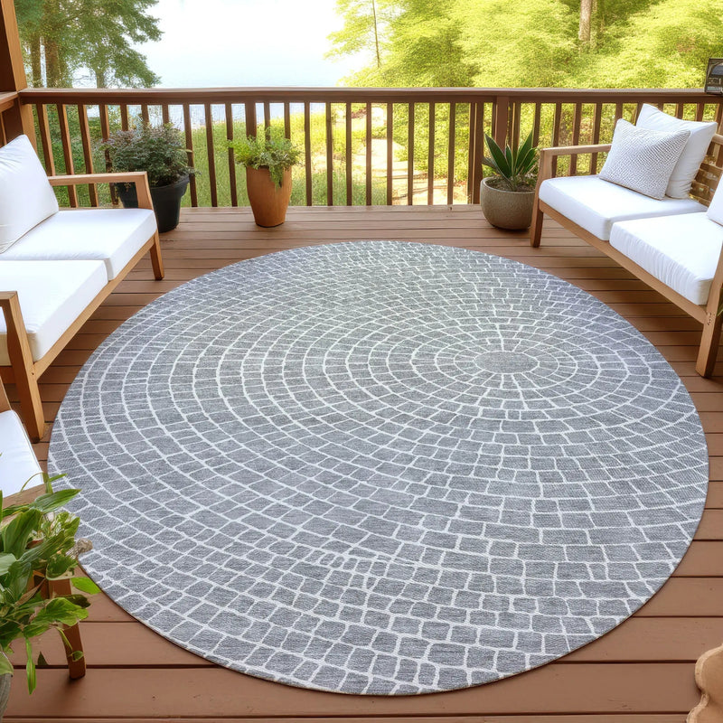 8' Gray And Ivory Round Geometric Washable Indoor Outdoor Area Rug Homeroots Outdoor