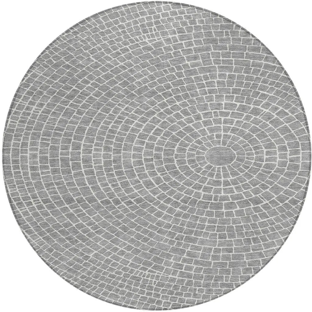 8' Gray And Ivory Round Geometric Washable Indoor Outdoor Area Rug Homeroots Outdoor
