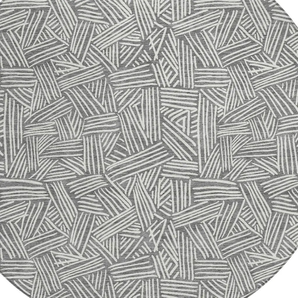 8' Gray And Ivory Round Geometric Washable Indoor Outdoor Area Rug Homeroots Outdoor