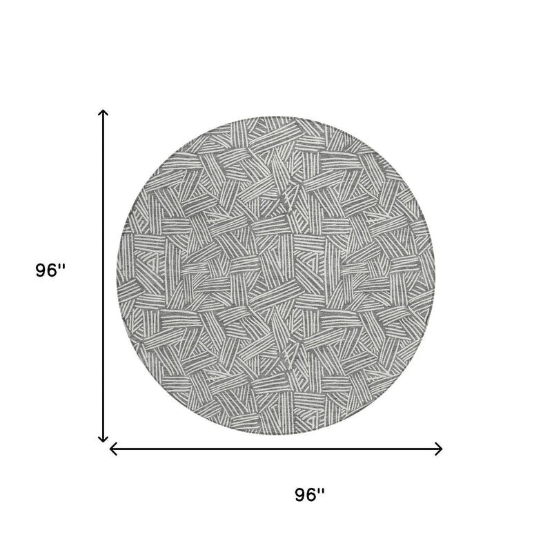 8' Gray And Ivory Round Geometric Washable Indoor Outdoor Area Rug Homeroots Outdoor
