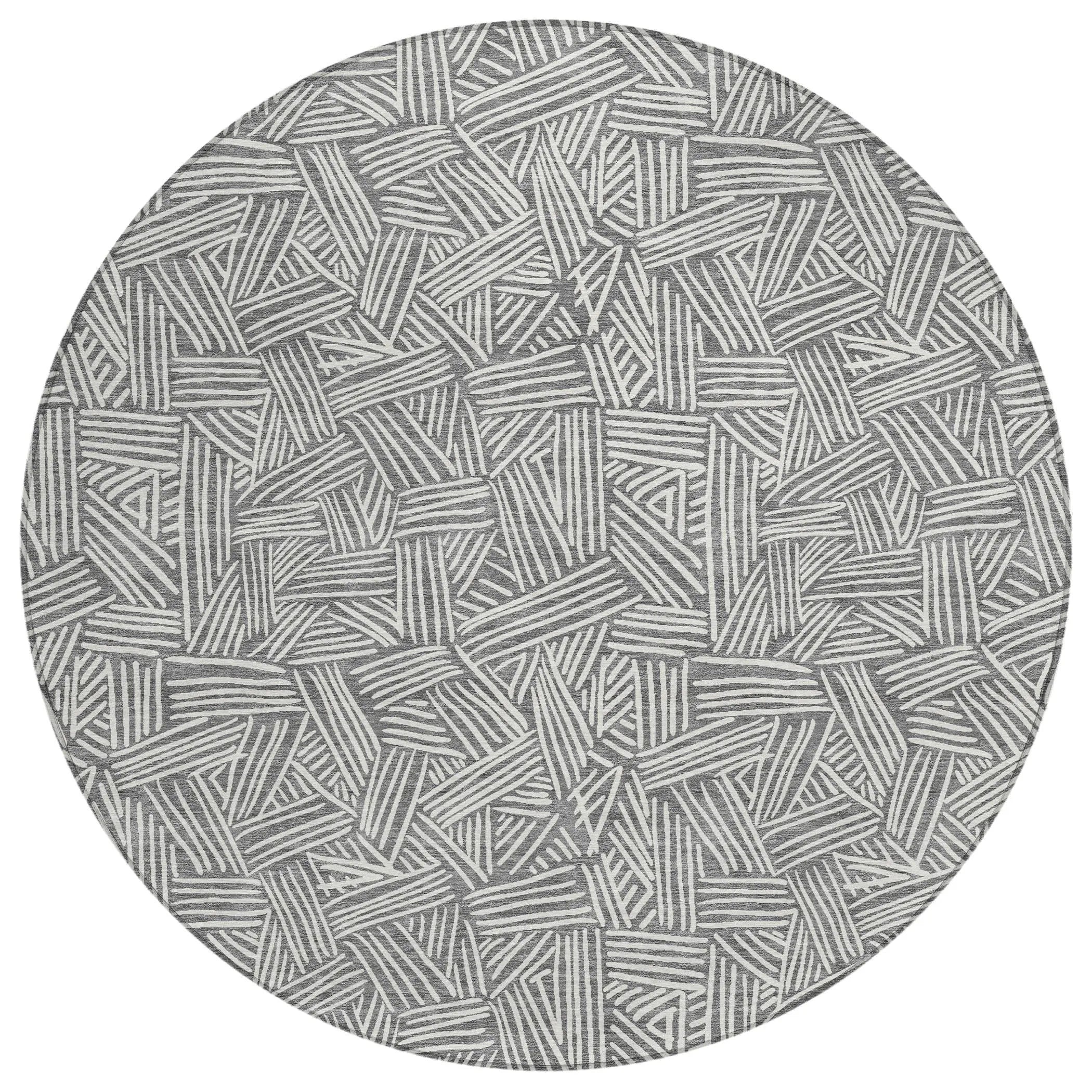 8' Gray And Ivory Round Geometric Washable Indoor Outdoor Area Rug Homeroots Outdoor
