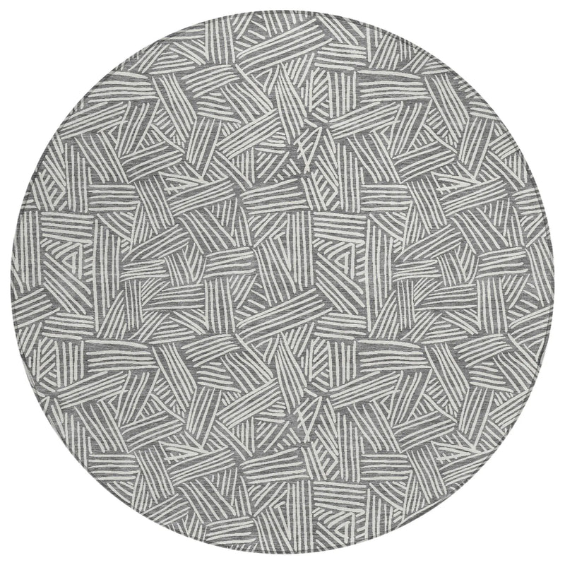 8' Gray And Ivory Round Geometric Washable Indoor Outdoor Area Rug Homeroots Outdoor
