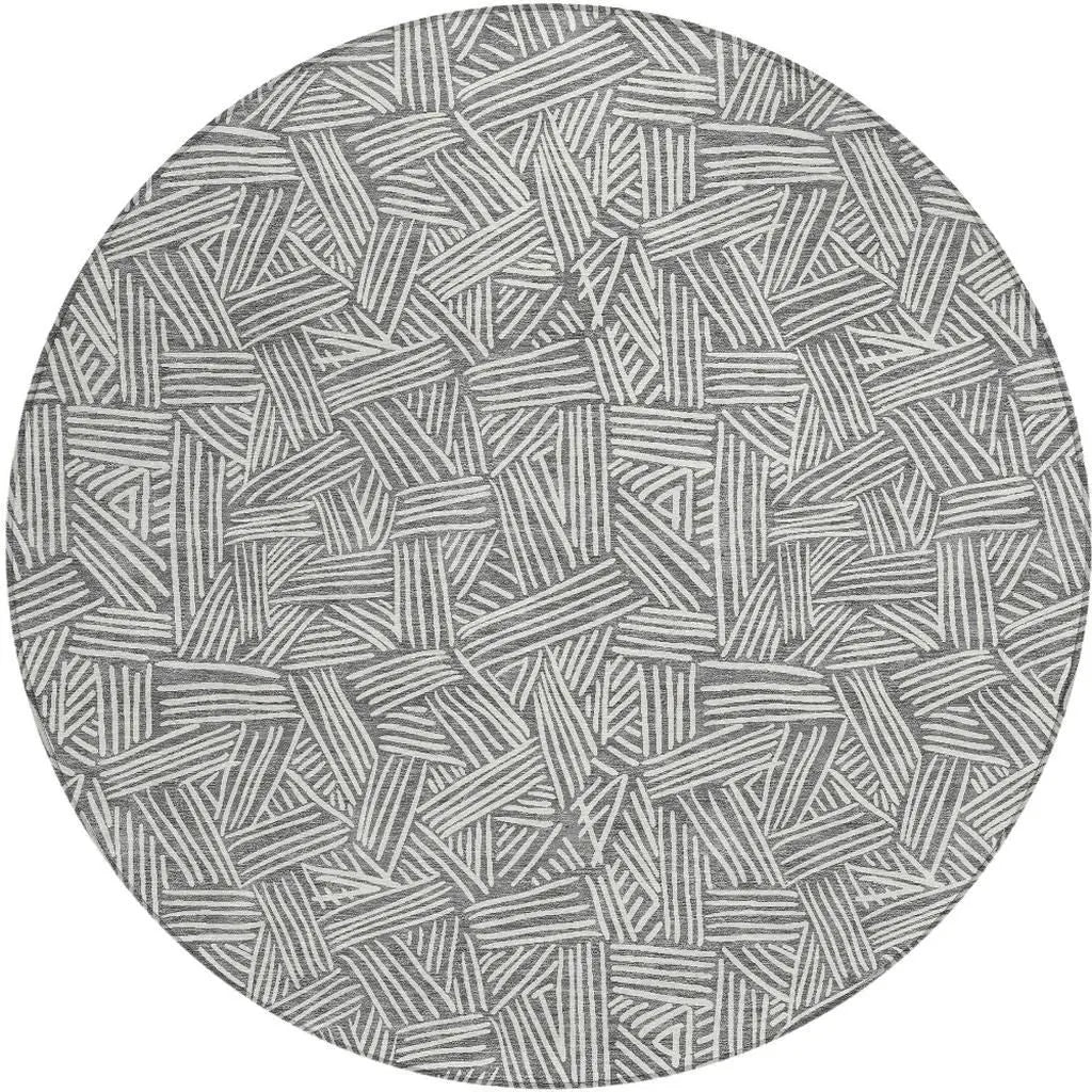 8' Gray And Ivory Round Geometric Washable Indoor Outdoor Area Rug Homeroots Outdoor