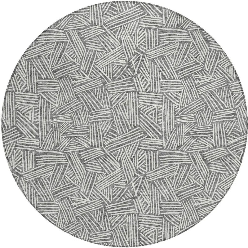 8' Gray And Ivory Round Geometric Washable Indoor Outdoor Area Rug Homeroots Outdoor