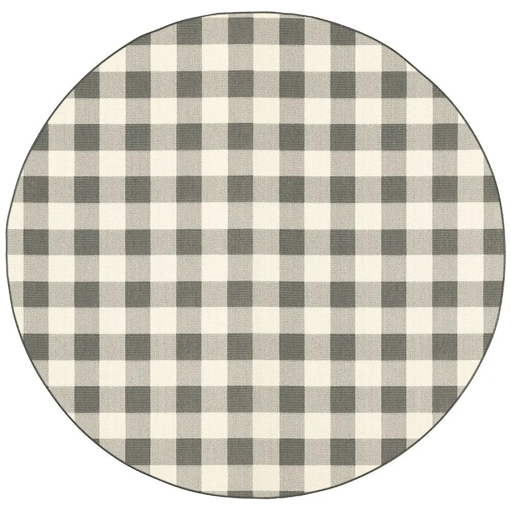 8' Gray And Ivory Round Gingham Indoor Outdoor Area Rug Homeroots Outdoor