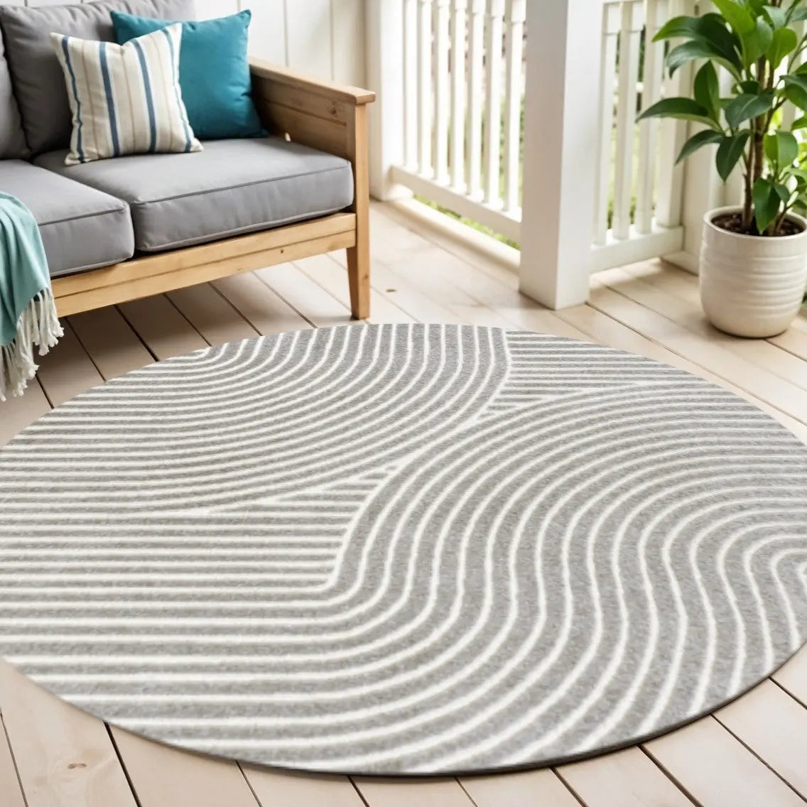 8' Gray And Ivory Round Striped Indoor Outdoor Area Rug Homeroots Outdoor