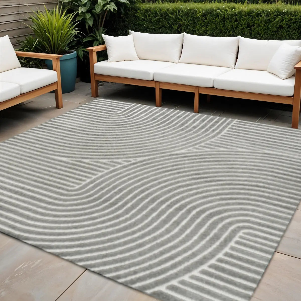 8' Gray And Ivory Square Striped Indoor Outdoor Area Rug Homeroots Outdoor