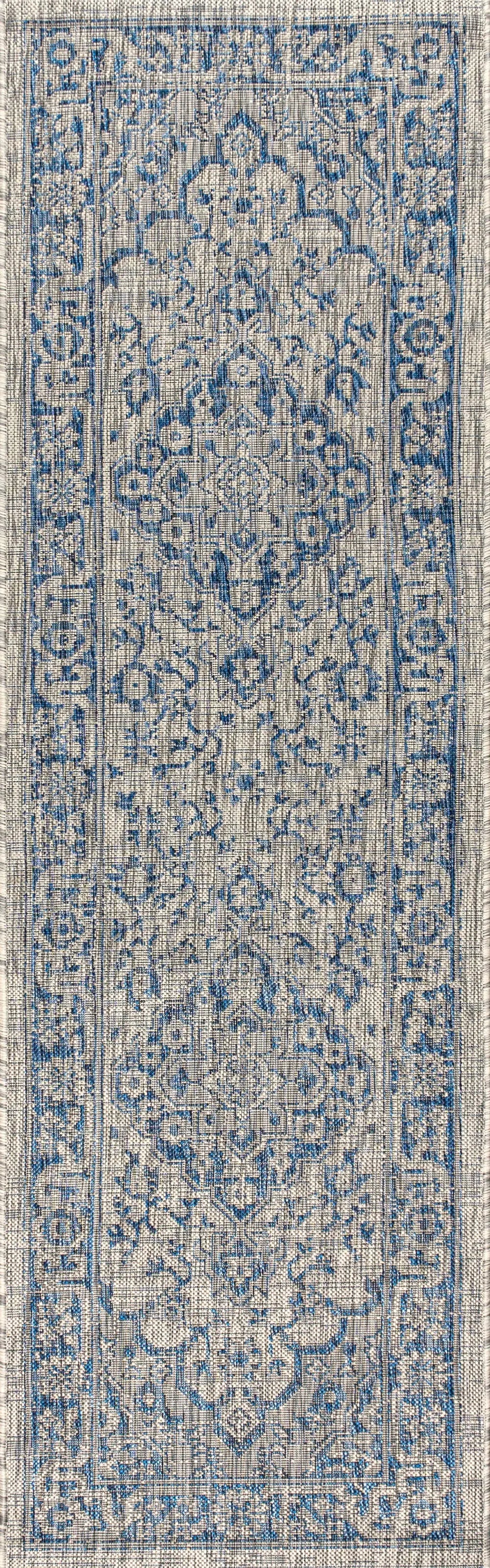 8' Gray And Navy Blue Medallion Indoor Outdoor Runner Rug Homeroots Outdoor