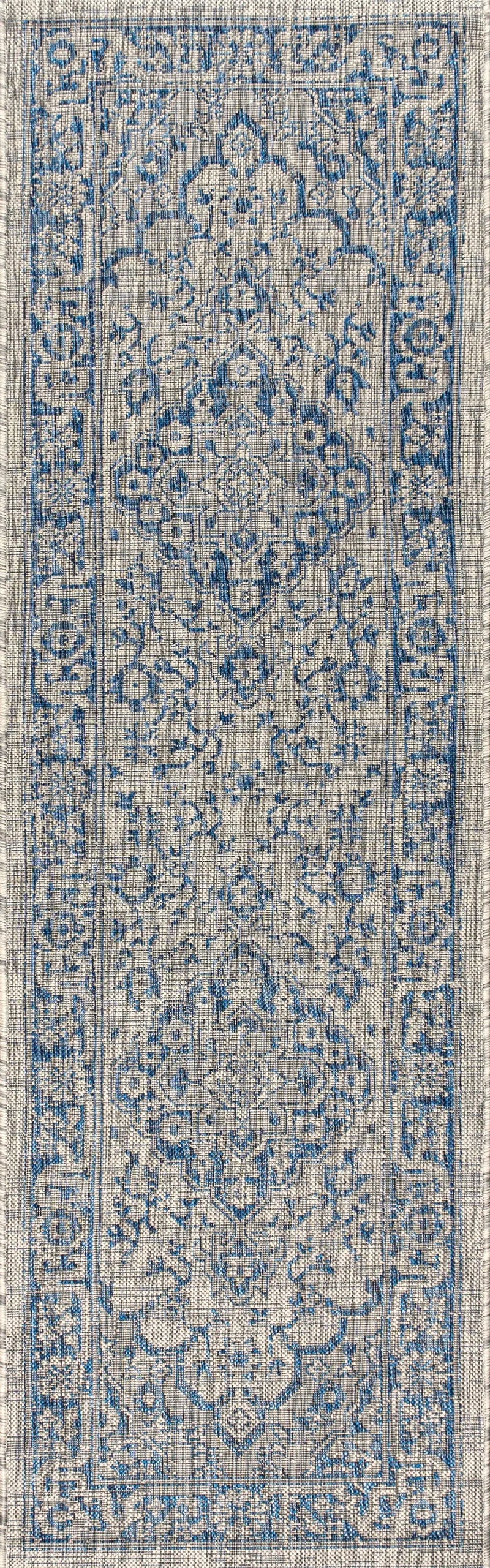 8' Gray And Navy Blue Medallion Indoor Outdoor Runner Rug Homeroots Outdoor
